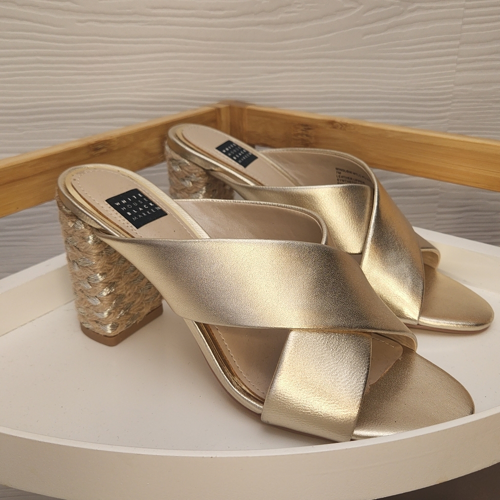 White House Black Market Winslow Gold Leather Slide Sandals Rope Heel Mule 7M - Picture 5 of 11